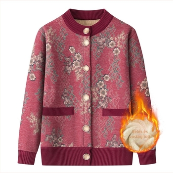 Őszi–téli női cardigan fleece-bevonatú bélésével, hosszú ujjú, körk nyakú, növény- és virágmintás, poliészter anyag