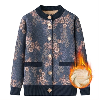 Őszi–téli női cardigan fleece-bevonatú bélésével, hosszú ujjú, körk nyakú, növény- és virágmintás, poliészter anyag