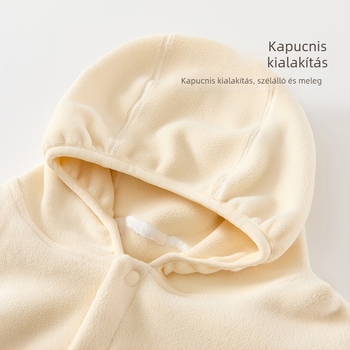 Baba kapucnival fleece-bélélt kabát, őszi-téli szezonhoz, uniszex, rövid szabás, kétoldalas fleece