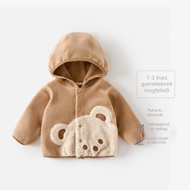 Baba kapucnival fleece-bélélt kabát, őszi-téli szezonhoz, uniszex, rövid szabás, kétoldalas fleece