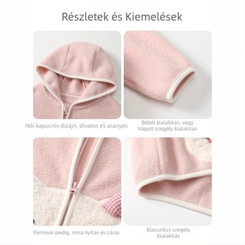 Lányok téli kapucnis fleeceskabát, rajzolt mintával, cipzárral záródó, középhosszú, 1–3 éveseknek