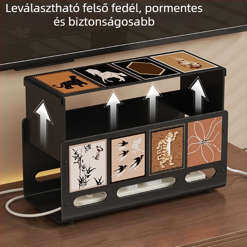 Fedéllel ellátott kábel-tároló doboz - szénacélból, 1 L kapacitás, sokoldalú asztali kábelmenedzsment