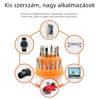 Otthoni használatra szánt csavarhúzó készlet: kereszthornyú és lapos fejű, speciális formájú leválasztható csavarhúzók, többfunkciós javító eszközök