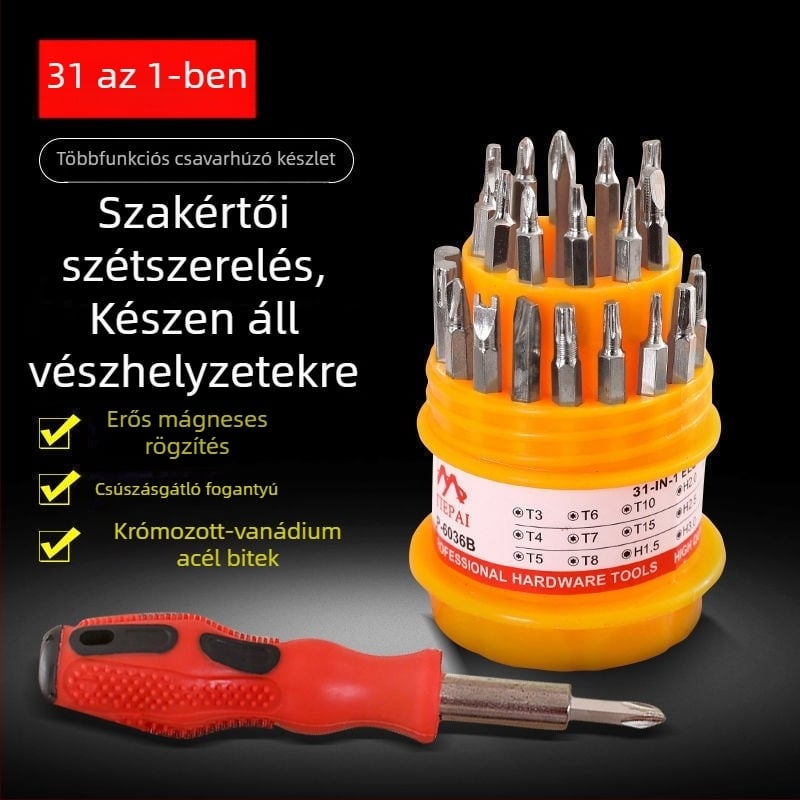 Otthoni használatra szánt csavarhúzó készlet: kereszthornyú és lapos fejű, speciális formájú leválasztható csavarhúzók, többfunkciós javító eszközök