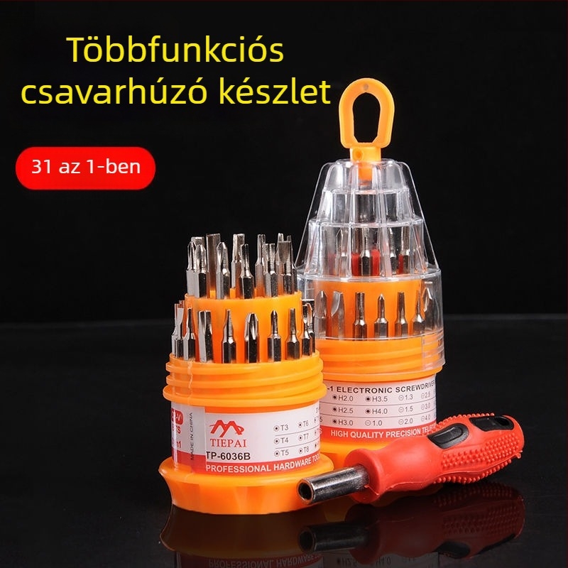 Otthoni használatra szánt csavarhúzó készlet: kereszthornyú és lapos fejű, speciális formájú leválasztható csavarhúzók, többfunkciós javító eszközök