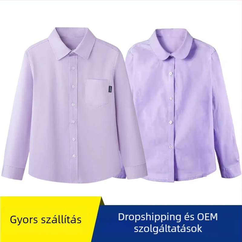Gyerekeknek szóló ing, brit stílus, hosszú ujjú, egyszínű, 95% pamut