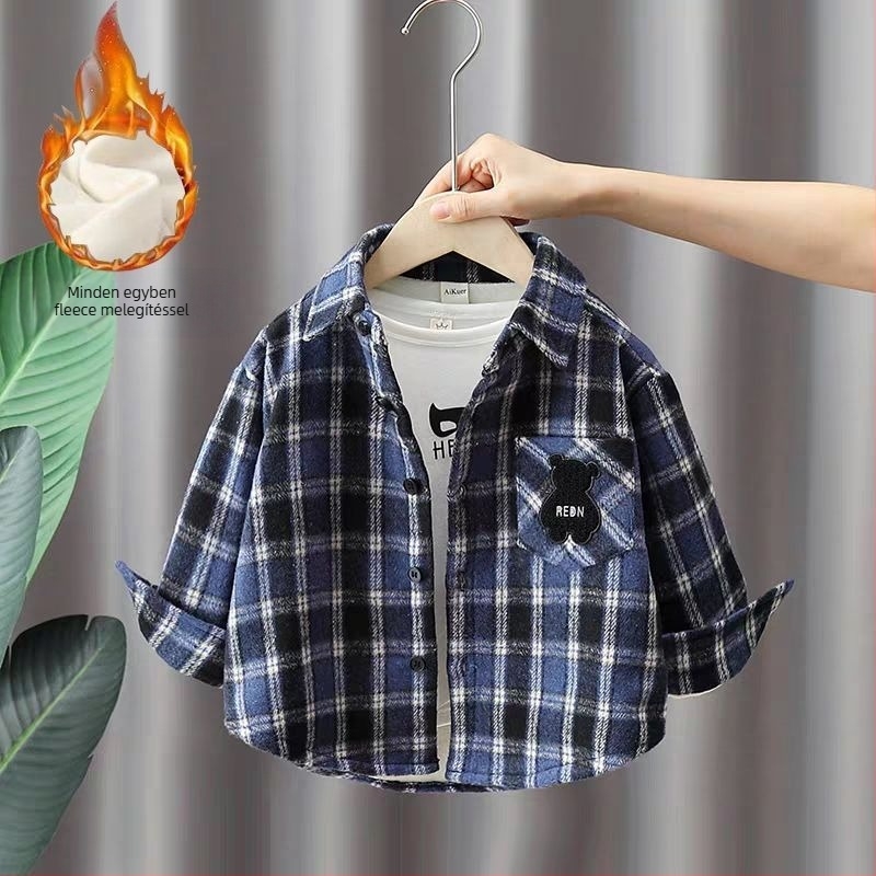 Gyerekeknek készült kockás ing fleece belsővel, koreai stílus, négyszögletes gallér, hosszú ujjú, 70% poliészter.