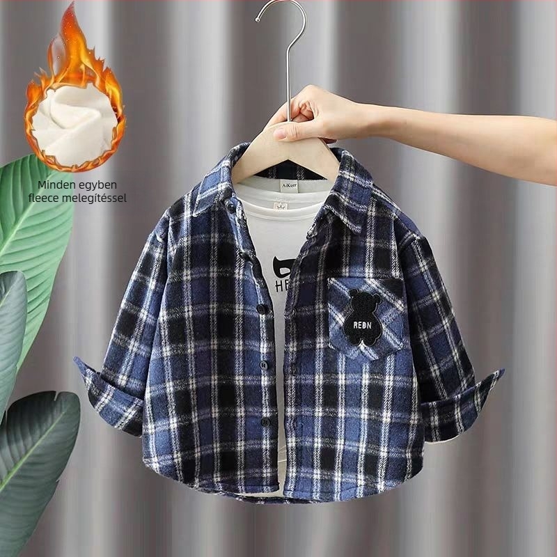 Gyerekeknek készült kockás ing fleece belsővel, koreai stílus, négyszögletes gallér, hosszú ujjú, 70% poliészter.