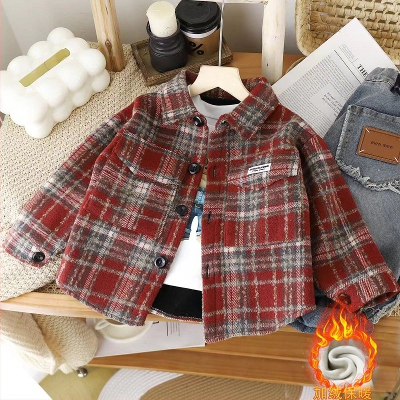 Gyerekeknek készített vastag fleece-béléssel ellátott hosszú ujjú polo felső, kockás mintával