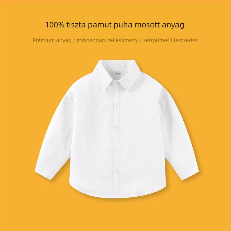 Gyerekeknek pamut ing, V-nyakú gallér, hosszú ujjú, egyszínű minta, 100% pamut