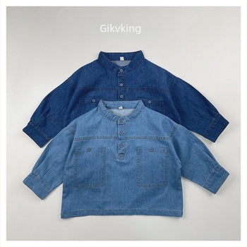 Uniszex gyerekeknek szánt denim ing, álló gallér, nagy mellzseb, 100% pamut denim, enzimes mosás, Koreai stílus, 3–8 éveseknek
