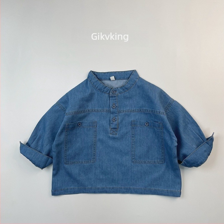 Uniszex gyerekeknek szánt denim ing, álló gallér, nagy mellzseb, 100% pamut denim, enzimes mosás, Koreai stílus, 3–8 éveseknek