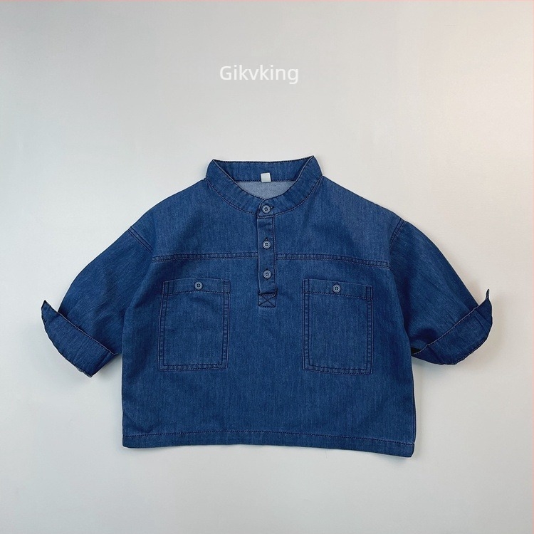 Uniszex gyerekeknek szánt denim ing, álló gallér, nagy mellzseb, 100% pamut denim, enzimes mosás, Koreai stílus, 3–8 éveseknek
