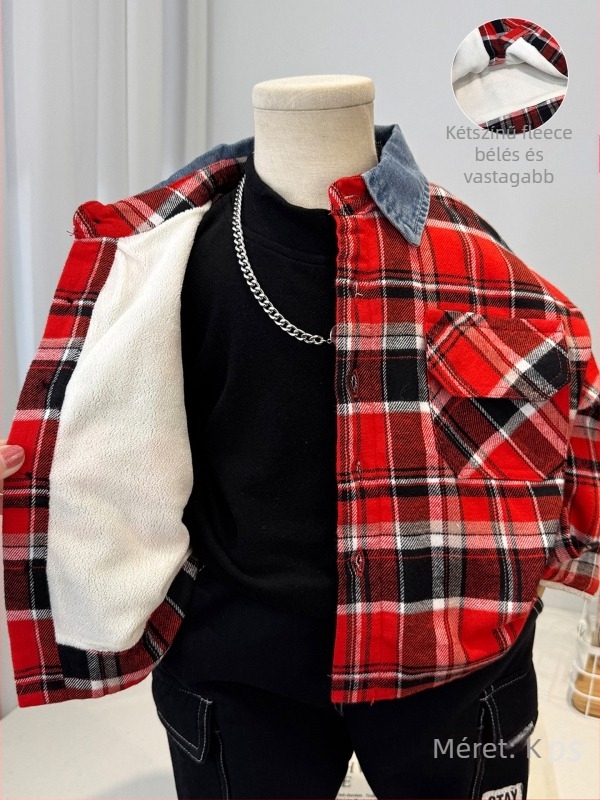Fiúknak való kockás téli hosszú ujjú ing fleece-töltéssel, pamutkeverék anyagból, 3-8 éveseknek