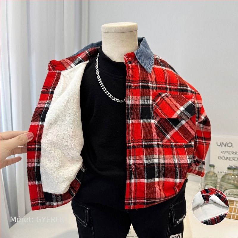 Fiúknak való kockás téli hosszú ujjú ing fleece-töltéssel, pamutkeverék anyagból, 3-8 éveseknek