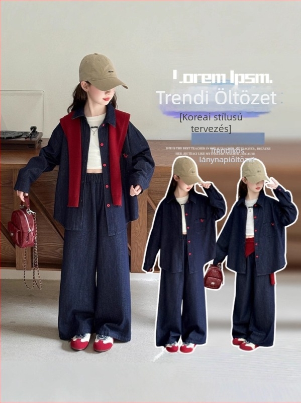 Lányoknak szóló tavasz–ősz mellény- és ing készlet, 2 darab, 80% pamut, puha feldolgozású anyag, hosszú ujjú