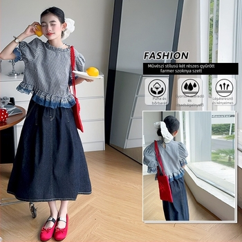 Két részes gyerek szett: francia stílusú fodros ujjú kockás ing és denim szoknya, nyár 2025