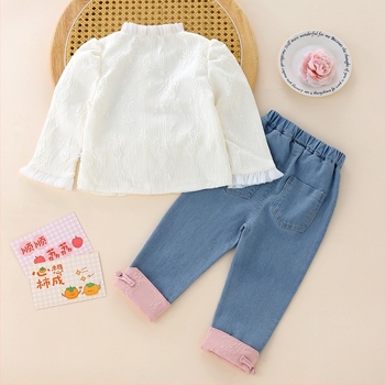 Lányoknak kínai stílusú kétdarabos nadrágkosztüm denim inggel, tavasz–ősz, 1–3 éveseknek