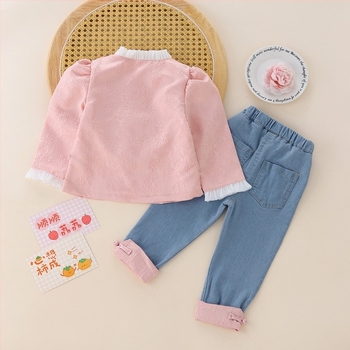 Lányoknak kínai stílusú kétdarabos nadrágkosztüm denim inggel, tavasz–ősz, 1–3 éveseknek