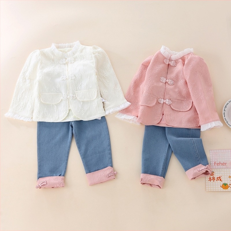 Lányoknak kínai stílusú kétdarabos nadrágkosztüm denim inggel, tavasz–ősz, 1–3 éveseknek