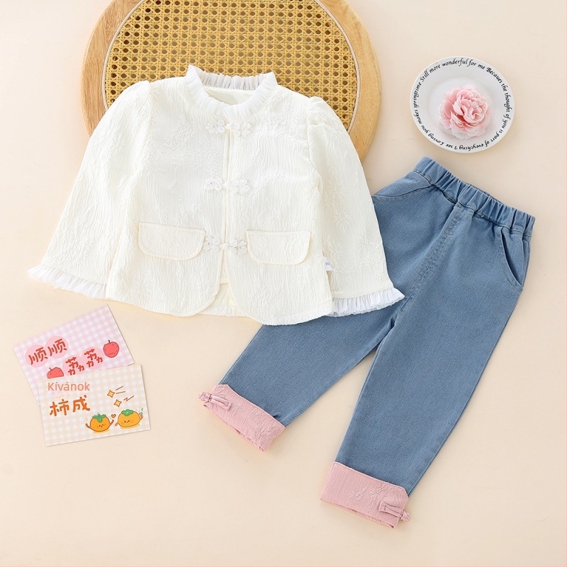 Lányoknak kínai stílusú kétdarabos nadrágkosztüm denim inggel, tavasz–ősz, 1–3 éveseknek