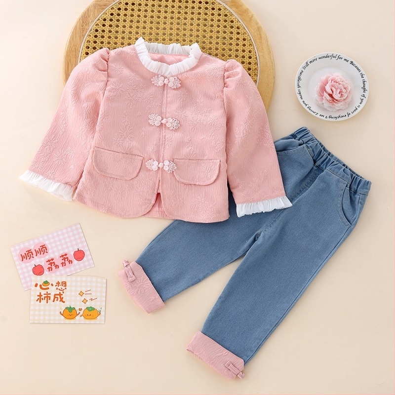 Lányoknak kínai stílusú kétdarabos nadrágkosztüm denim inggel, tavasz–ősz, 1–3 éveseknek
