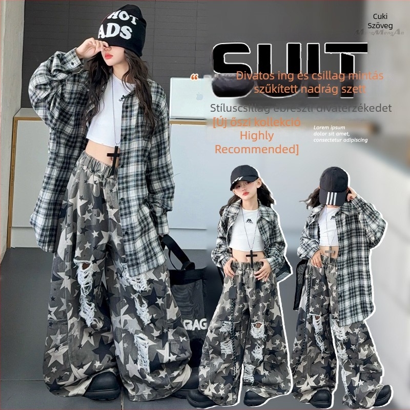 Két darabos gyerekruha szett lányoknak: kockás hosszú ujjúing és kamuflázs nadrág, pamut-keverék anyag, fő anyag acetát rost, tavasz-ősz