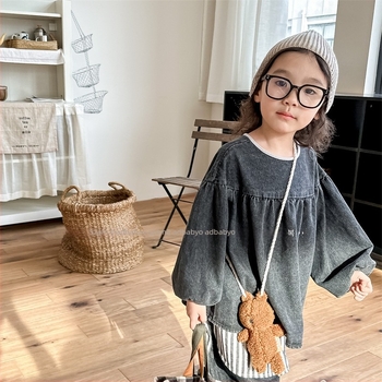 Koreai stílusú gyerekeknek való pamut ing, hosszú ujjú, kerek nyakú, 90% pamut, lányoknak 3–8 évnek megfelelő