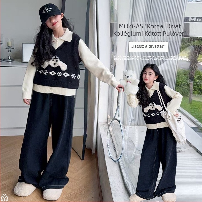 Lányok őszi kétrészes szett — hosszú ujjú felső és nadrág, anyaga: poliészter 70% pamutkeverék, iskolai stílus, minták: állatok/egyszínű/egyéb, 8+ éveseknek, őszi