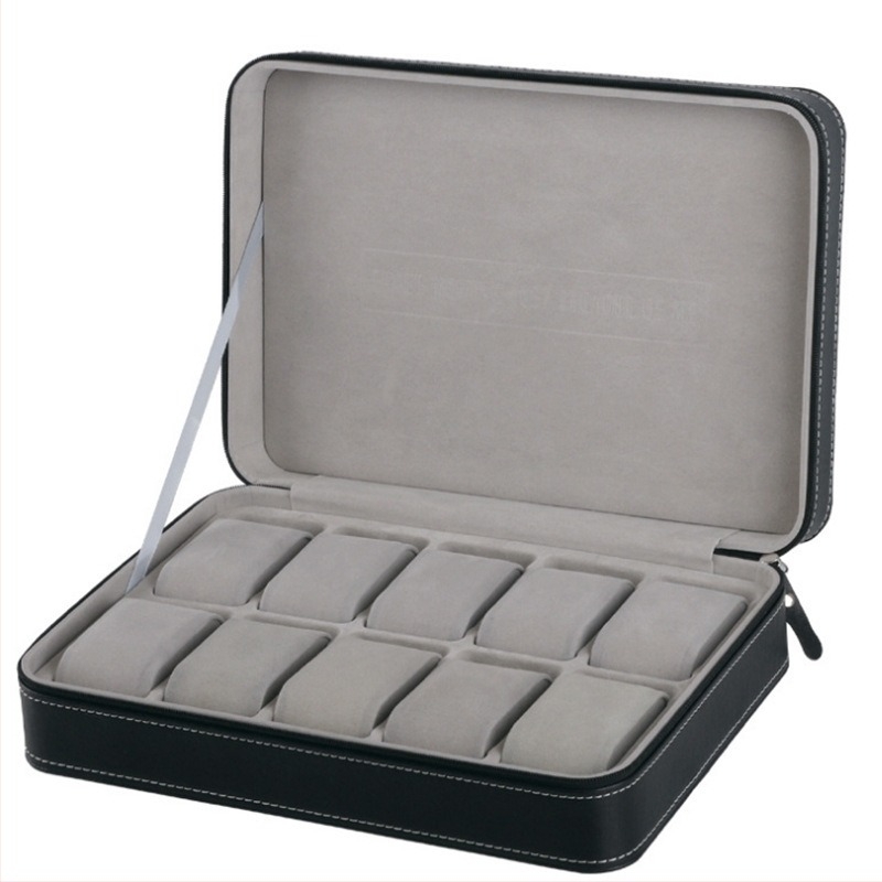 12 rekeszes zárható óratartó tok, műbőr és gyöngyház fleece belsővel, kartoncsomagolás, alkalmas ajándék- és ékszercsomagolásra