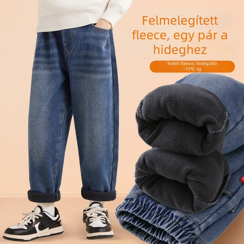 Gyerekeknek fleecével bélelt farmernadrág télre – vastag jogger fazon, középmagas derék, uniszex
