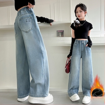 Lányoknak készült farmernadrág fleece béléssel, magas derekú, széles egyenes szárú, elasztikus derékszíj, 8+ éveseknek (140 cm felett)