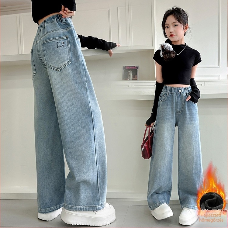 Lányoknak készült farmernadrág fleece béléssel, magas derekú, széles egyenes szárú, elasztikus derékszíj, 8+ éveseknek (140 cm felett)