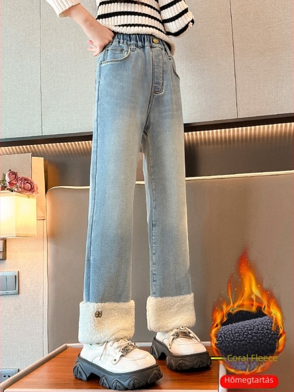 Lányoknak készített fleece béléses téli nadrág, vastag, egyenes szabású, denim stílusú