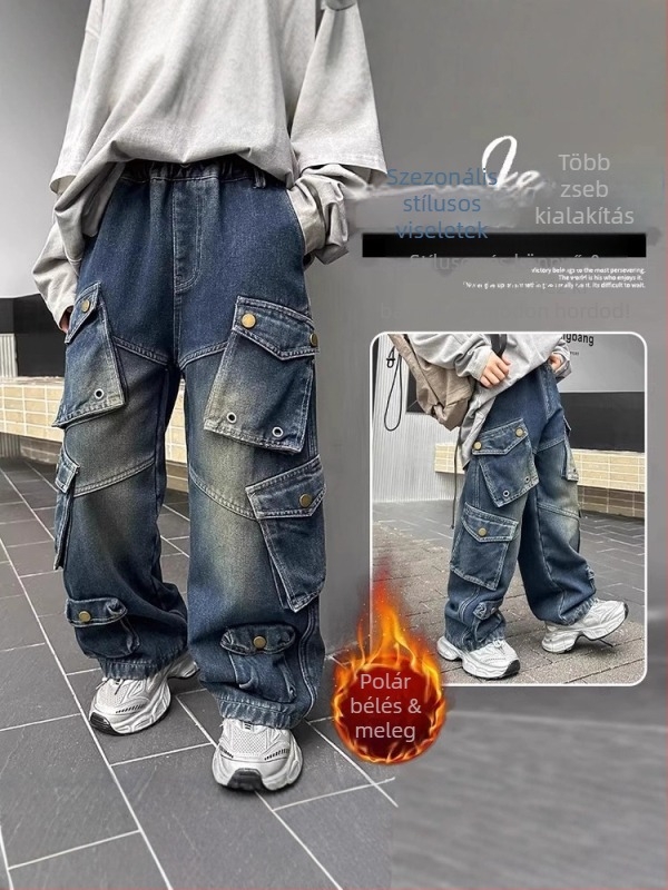 Koreai stílusú gyerekeknek készült cargo farmer fleece-béléssel, magas derekú