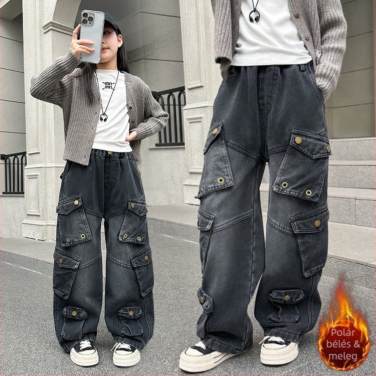 Koreai stílusú gyerekeknek készült cargo farmer fleece-béléssel, magas derekú