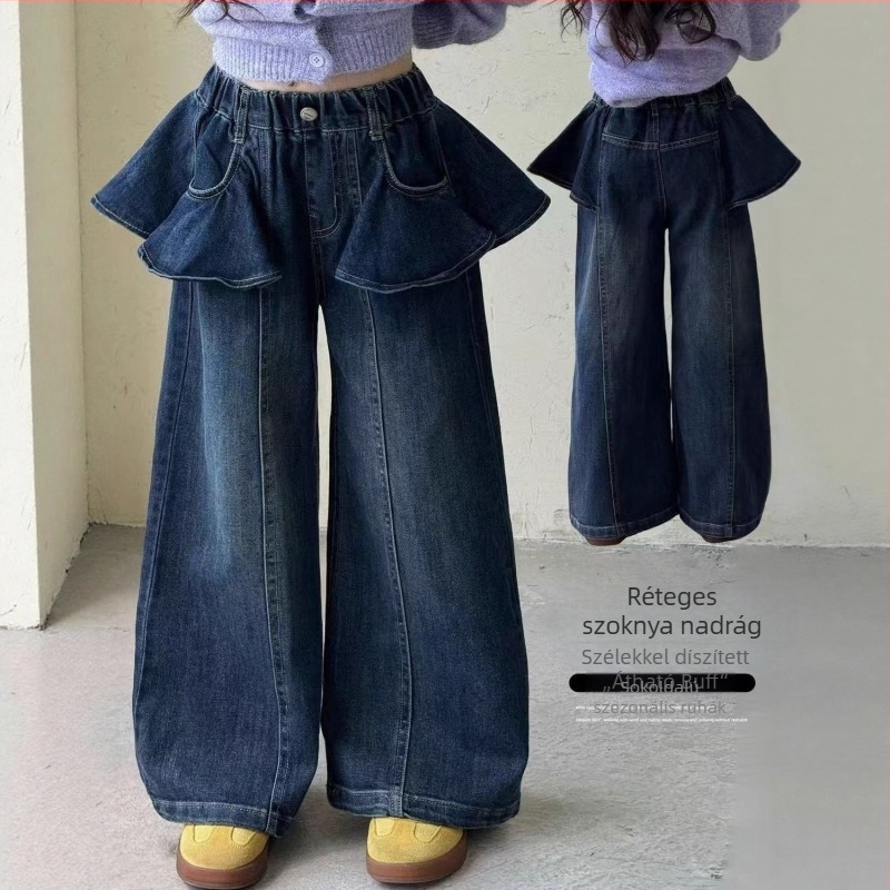 Lányoknak szóló farmernadrág, koreai stílusú, széles láb, középmagas derék, pamut 51–70%