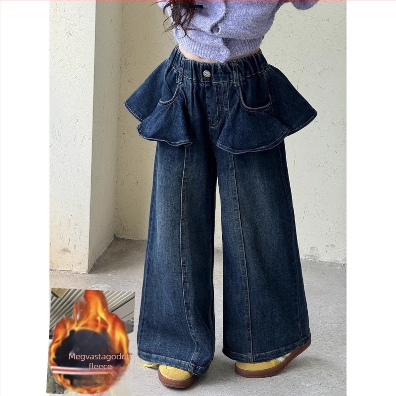 Lányoknak szóló farmernadrág, koreai stílusú, széles láb, középmagas derék, pamut 51–70%