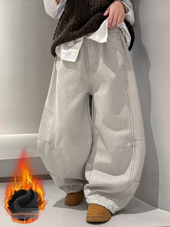 Fiúknak való pamut farmernadrág fleece béléssel, téli, hosszú, vastag, középmagas derekú elasztikus övvel