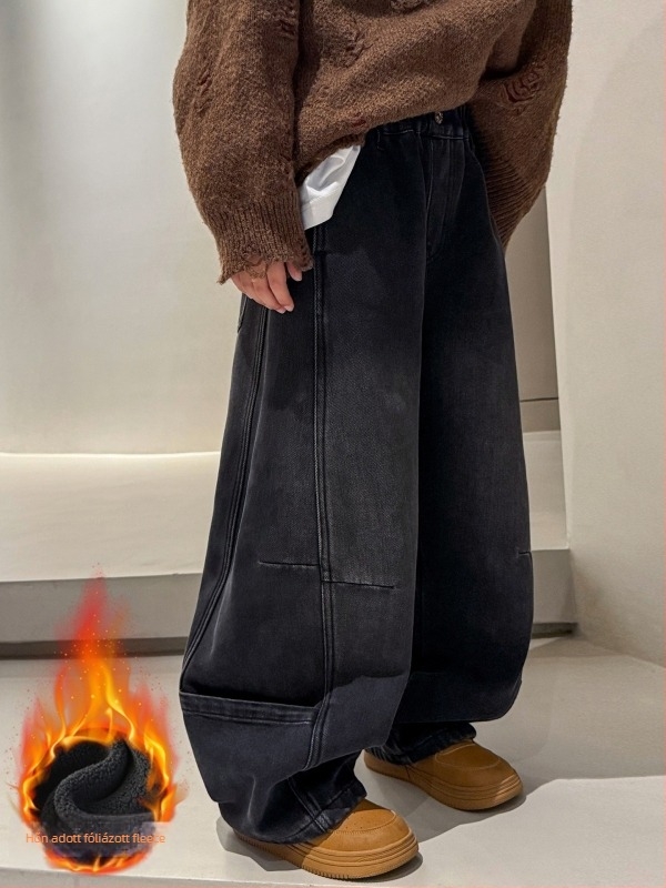 Fiúknak való pamut farmernadrág fleece béléssel, téli, hosszú, vastag, középmagas derekú elasztikus övvel