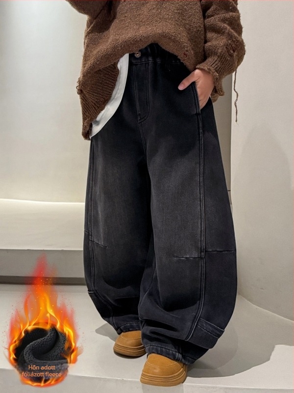 Fiúknak való pamut farmernadrág fleece béléssel, téli, hosszú, vastag, középmagas derekú elasztikus övvel