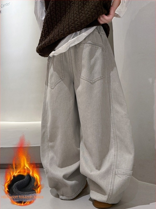 Fiúknak való pamut farmernadrág fleece béléssel, téli, hosszú, vastag, középmagas derekú elasztikus övvel