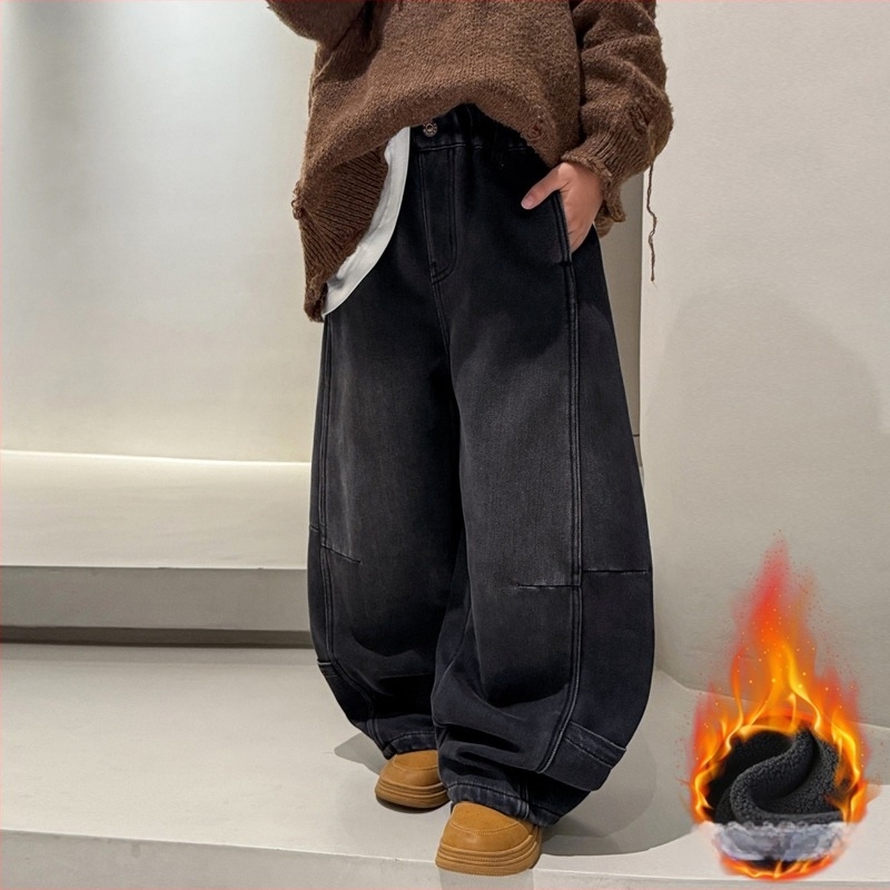 Fiúknak való pamut farmernadrág fleece béléssel, téli, hosszú, vastag, középmagas derekú elasztikus övvel