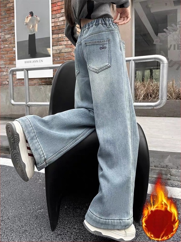 Flíse bevont farmernadrág lányoknak, őszi–téli 2025, széles lábú denim nadrág nagyobb gyerekeknek