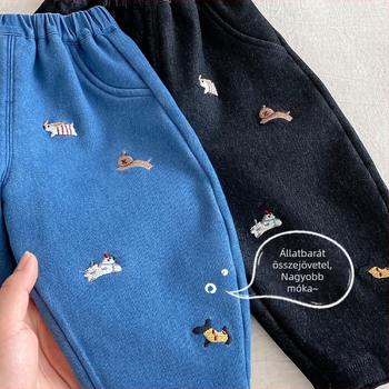 Gyerekek téli farmernadrág fleece-béléssel és hímzéssel, uniszex, 85% pamut, 15% poliészter, középmagas derekú övvel
