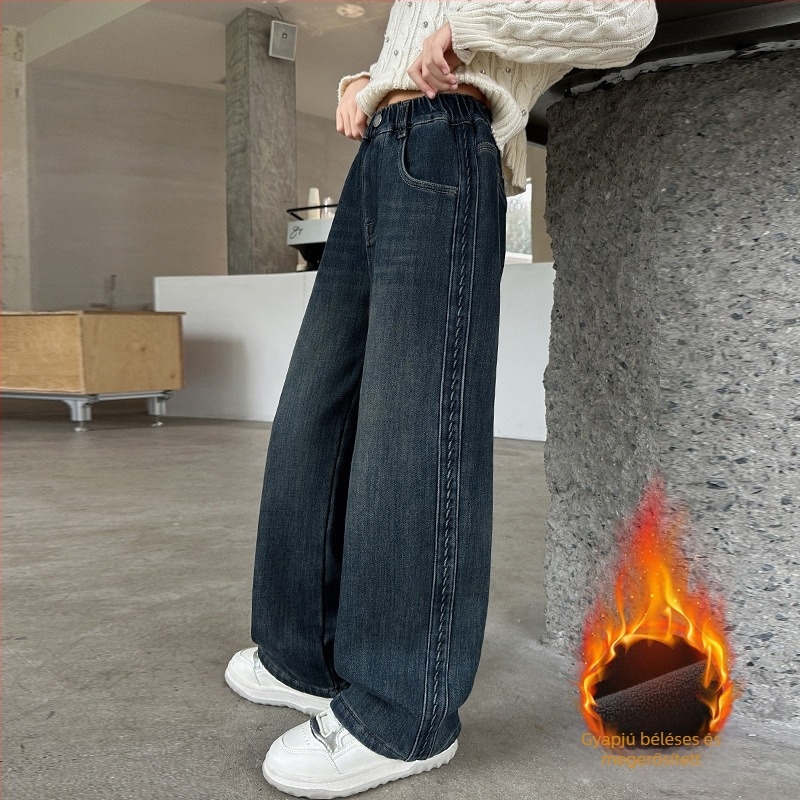 Lányoknak szóló denim nadrág – fleece-betétes, vastag őszi-téli szezonhoz, középső derekú derék elasztikussal, egyenes szabású, 8+ éveseknek