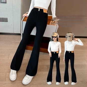 Lányoknak szánt bell-bottom farmernadrág, magas derekú, karcsúsított szabás, 52% pamut, elasztikus derék, tavasz-ősz