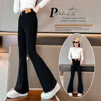 Lányoknak szánt bell-bottom farmernadrág, magas derekú, karcsúsított szabás, 52% pamut, elasztikus derék, tavasz-ősz