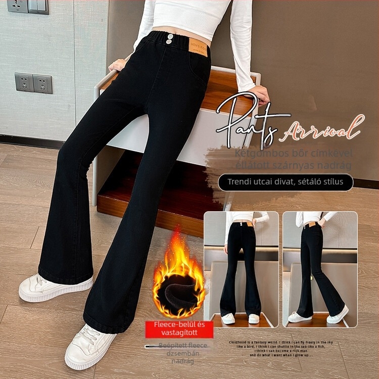 Lányoknak szánt bell-bottom farmernadrág, magas derekú, karcsúsított szabás, 52% pamut, elasztikus derék, tavasz-ősz