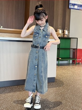 Lányoknak szóló farmernadrágos pántos ruha — retro stílus; puha kezelt denim; nyár 2024; 8 éves kor felett